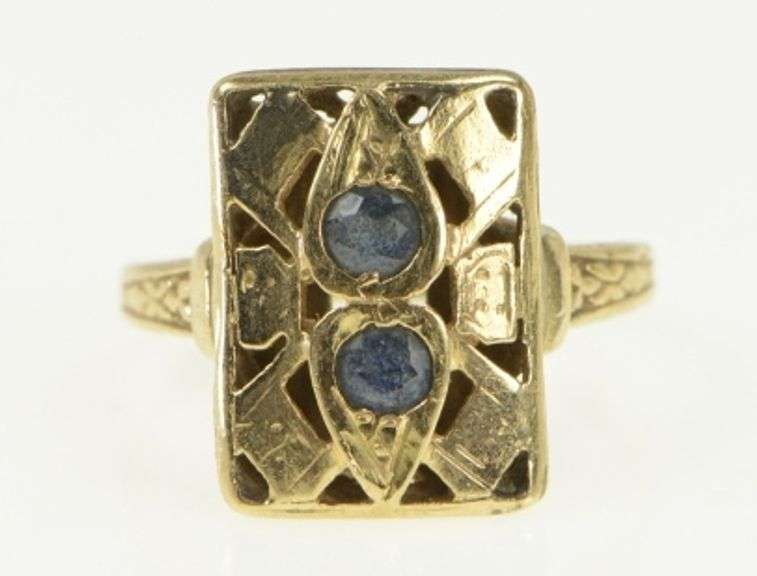 14K Yellow Gold Art Deco Sapphire Squared Ornate Vintage Ring