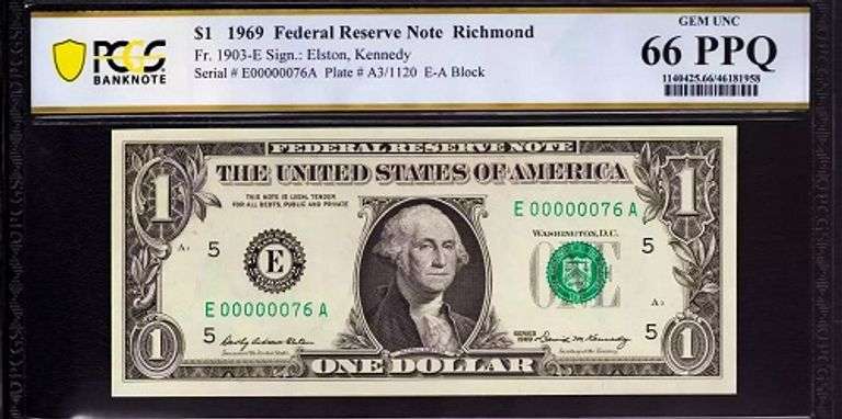 Superb Crisp 1969 $1 Note Richmond Scarce Two Digit Serial Number 00000076 PCGS 66 PPQ!
