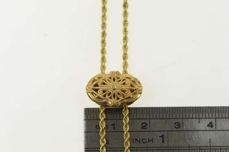 14K Yellow Gold Victorian Filigree Rope Link Slide Charm Bracelet