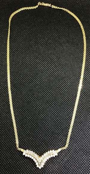 STUNNING AND ELEGANT 14K YELLOW GOLD “V” SHAPE DIAMOND NECKLACE