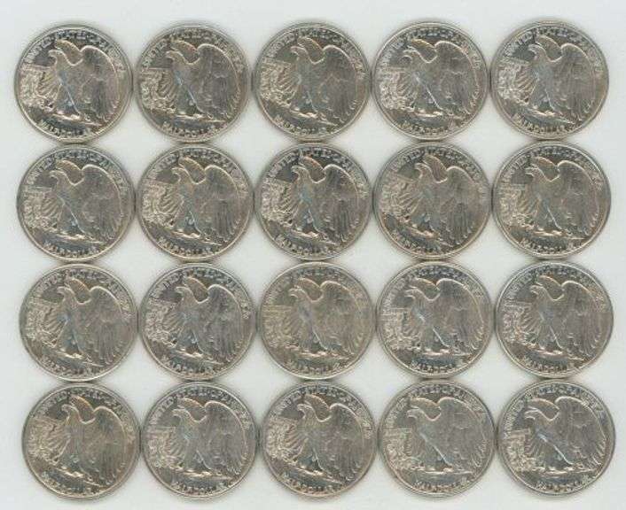 Flashy-white AU/BU roll of 20 mixed 'P' Mint Walking Liberty Halves
