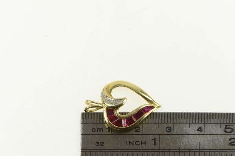 14K Yellow Gold Syn. Ruby Diamond Heart Love Symbol Pendant