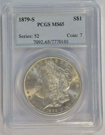 Sparkling-white Gem BU 1879-S Morgan Silver Dollar. PCGS MS65