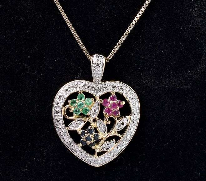 Vermeil Multi-Gem Heart Pendant Necklace In Sterling Silver