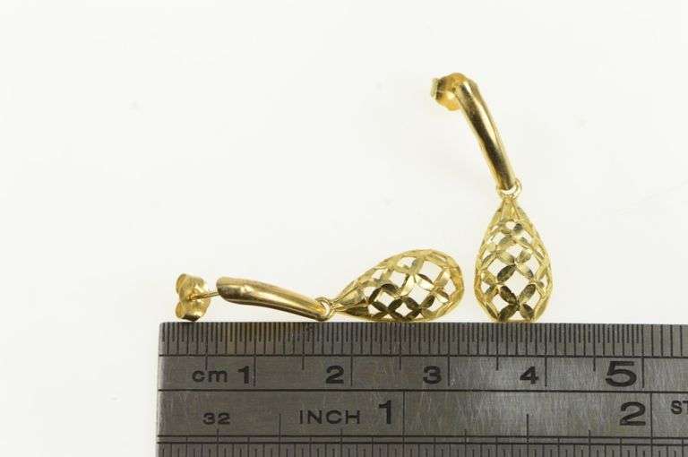 14K Yellow Gold Domed Tear Drop Shape Lattice Dangle Earrings