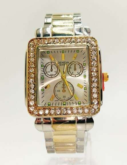 Fancy Square Face Geneva Cuff Watch with Gemstones!