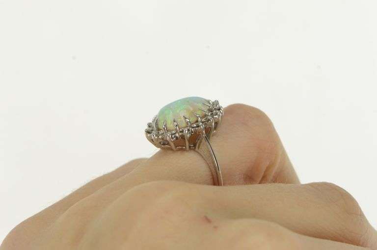14K White Gold Pear Opal Diamond Halo Vintage Statement Ring