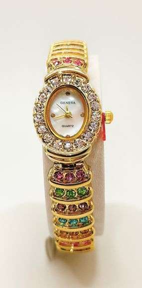 Ladies Geneva & Gemstone Watch, 18kt Yellow Gold Plated