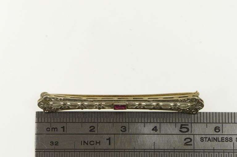 14K White Gold Art Deco Ruby Filigree Ornate Antique Bar Pin/Brooch