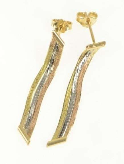14K Yellow Gold Herringbone Chain Tri Tone Dangle Squared Earrings