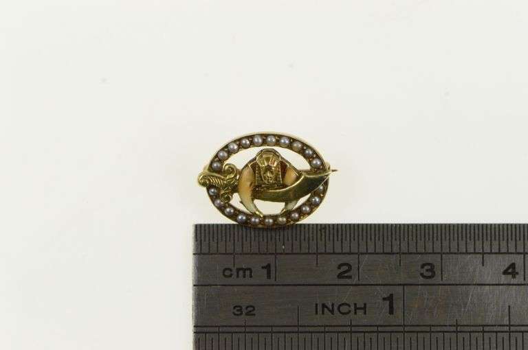 14K Yellow Gold Shriners Seed Pearl Oval Ornate Lapel Pin/Brooch