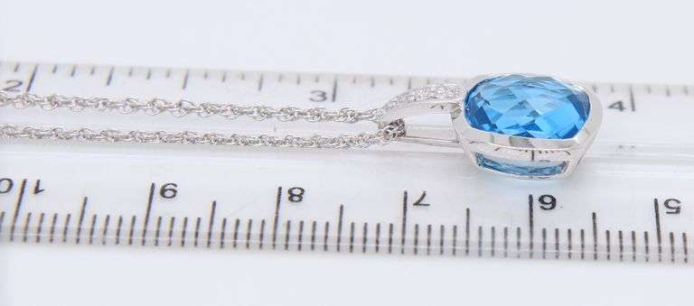 Charming White Gold Blue Topaz and Diamond Pendant on Rope Chain