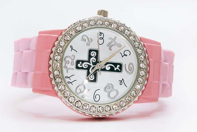 Fancy Pink Geneva Watch w/ Cross Graphic and Gemstones