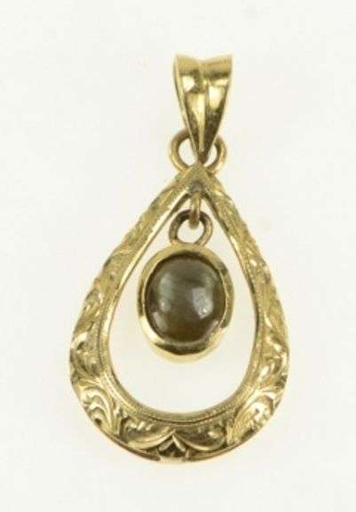 14K Yellow Gold Black Cat's Eye Engraved Tear Drop Dangle Pendant