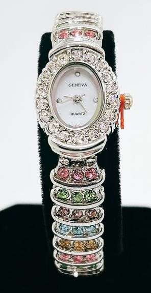 Ladies Geneva & Gemstone Watch, 18kt White Gold Plated