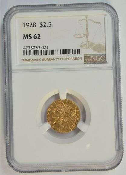 Very Choice BU 1928 US $2.50 Indian Gold Piece. NGC MS62