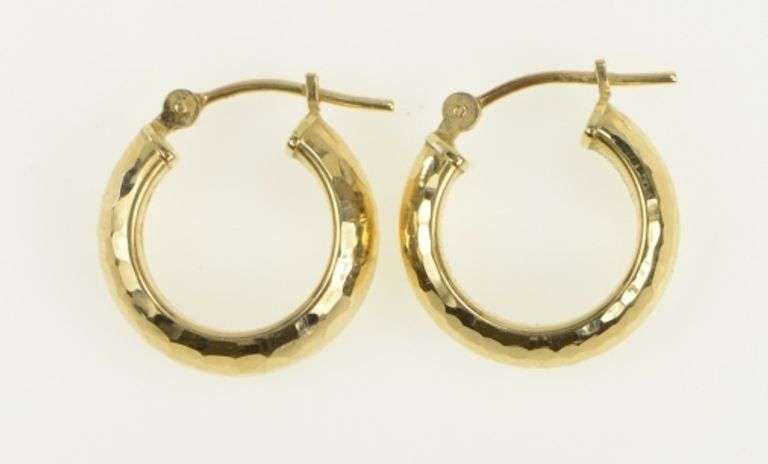 14K Yellow Gold Hammered Pattern 14.8mm Vintage Hoop Earrings