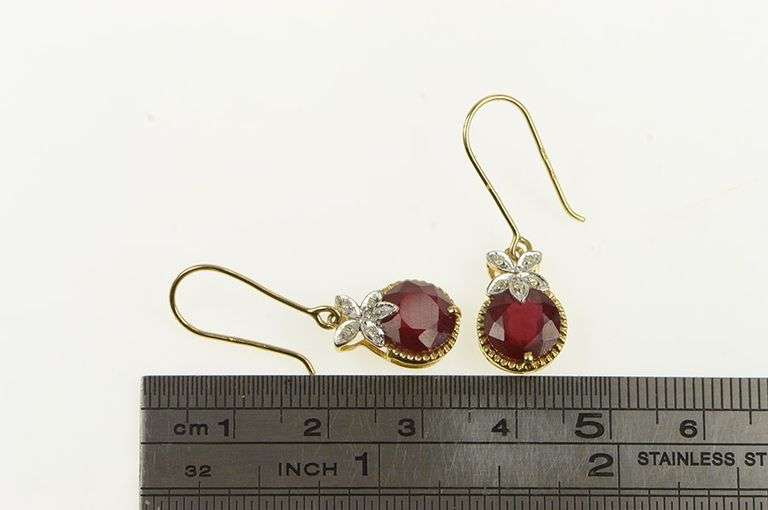 10K Yellow Gold Round Ruby Diamond Accent Ornate Floral Earrings