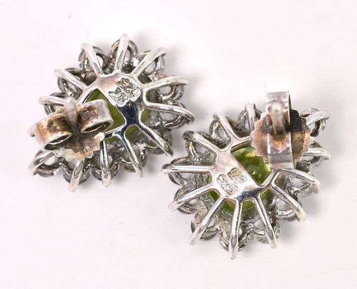 Green Gemstone And CZ Earrings In Sterling Silver