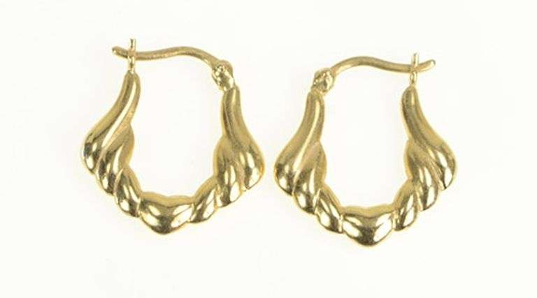 14K Yellow Gold Puffy Scalloped Vintage Heart Wing Hoop Earrings
