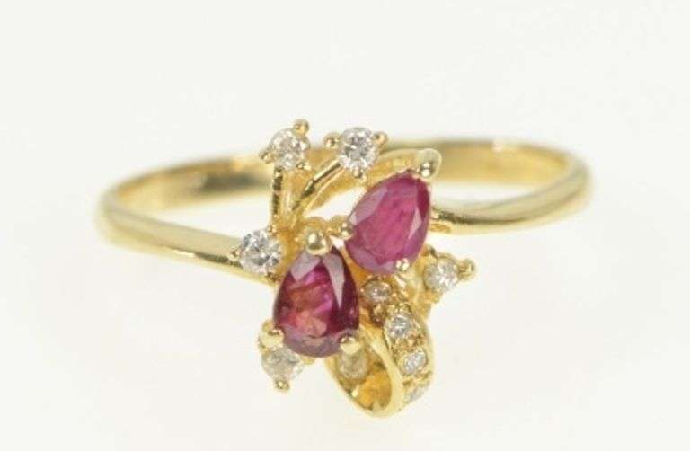 14K Yellow Gold Pear Natural Ruby Diamond Cluster Ring