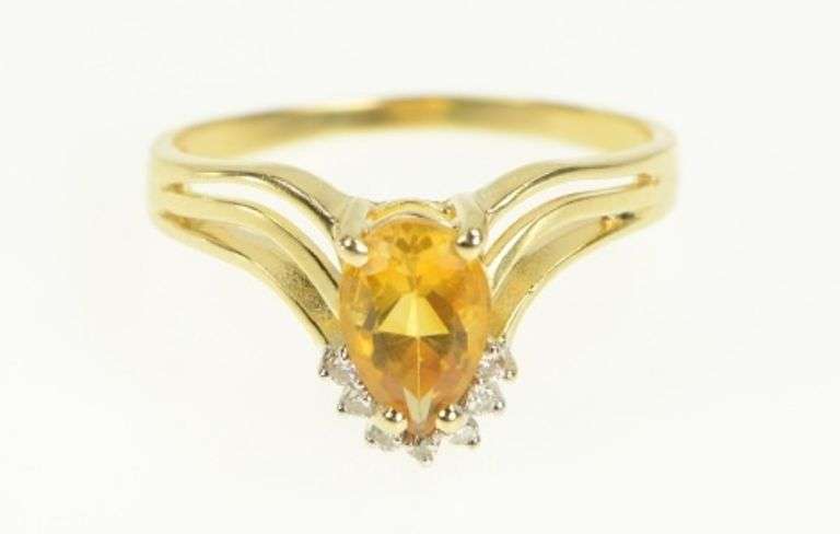 14K Yellow Gold Pear Citrine Diamond Cluster Chevron Ring