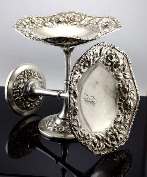 Stunning Pair of Stieff Hand-Chased Stemmed Candy Dishes