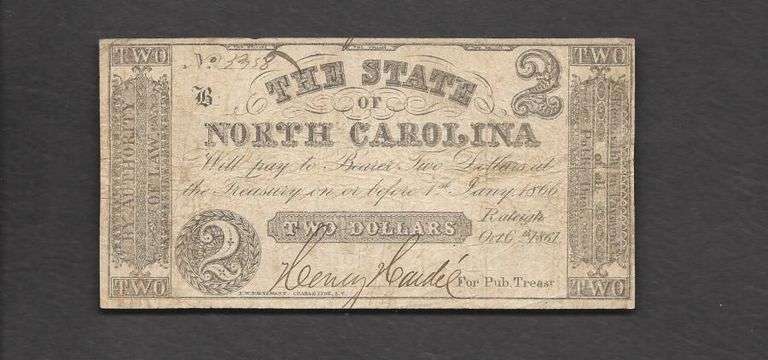 $2=OBSOLETE=1861=STATE OF NORTH CAROLINA=RALEIGH, NC=COOL DENOMINATION=FINE