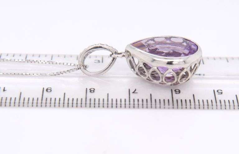 Pear Shaped Bezel Amethyst with Diamonds Pendant on Sterling Silver Chain