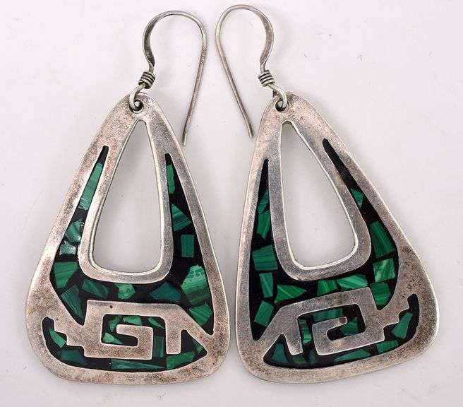 Green Malachite Inlay Dangle Earring In Sterling Silver