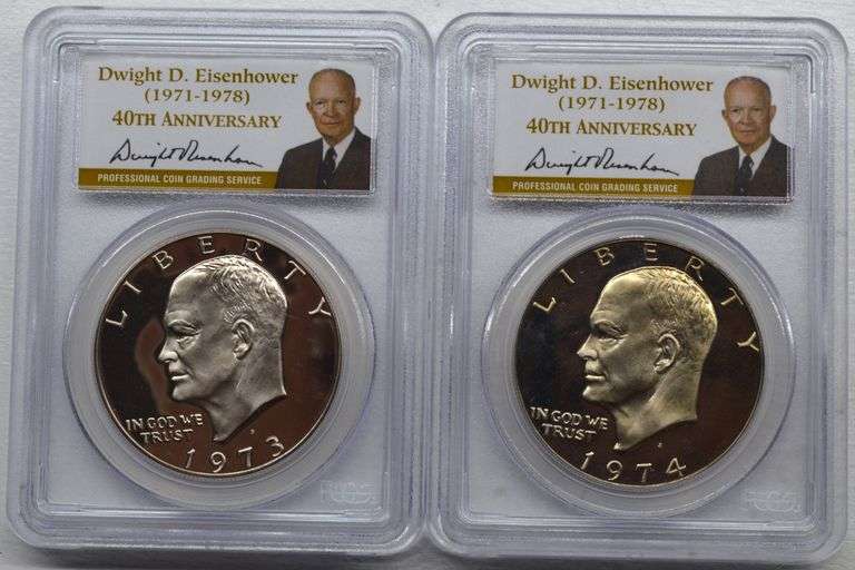 1973-S & 1974-S PCGS PR69 DCAM Clad Eisenhower $1 Proof Dollars (lot of two)