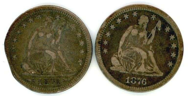 2 Different w/Motto Liberty Seated Quarters: 1874 & 1876