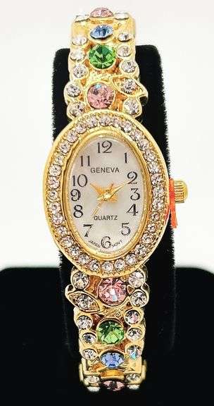 Ladies Geneva & Gemstone Watch, 18kt Yellow GP Cuff
