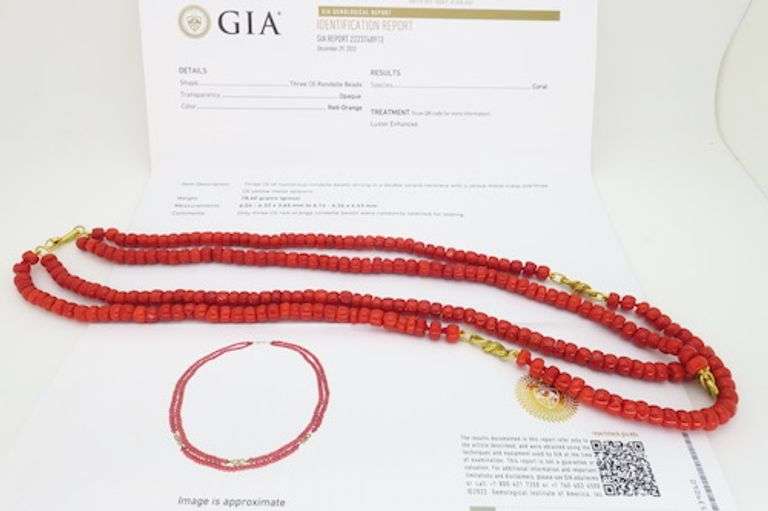 Rare Red Coral Double Strand Necklace with 18k Yellow Gold