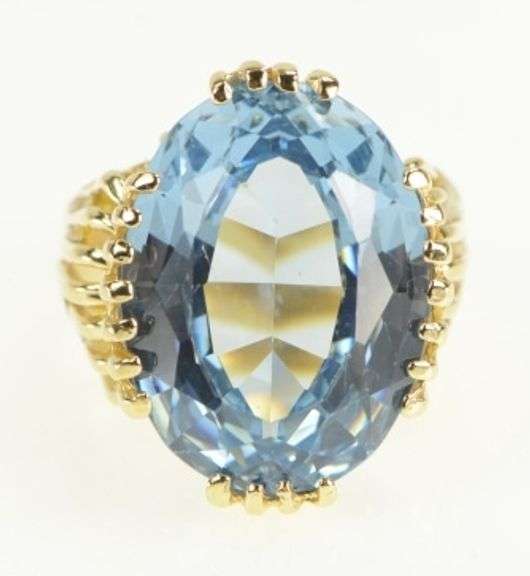 14K Yellow Gold Oval Blue Topaz Ornate Vintage Cocktail Ring