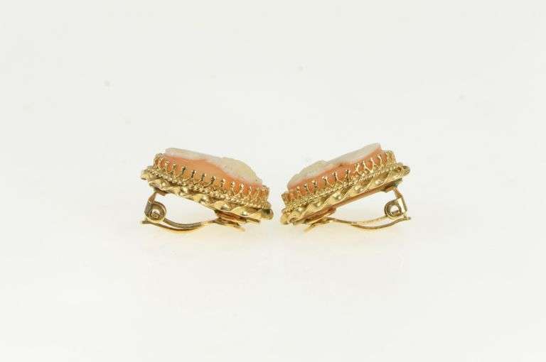 14K Yellow Gold Ornate Vintage Carved Shell Cameo Clip Back Earrings