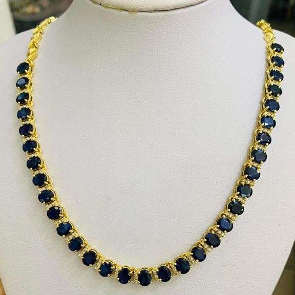 FANCY 14KT SOLID YELLOW GOLD, BLUE SAPPHIRE, & DIAMOND NECKLACE