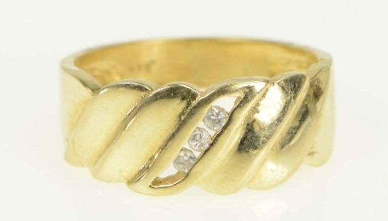 14K Yellow Gold Diamond Inset Wavy Design Men's Wedding Ring