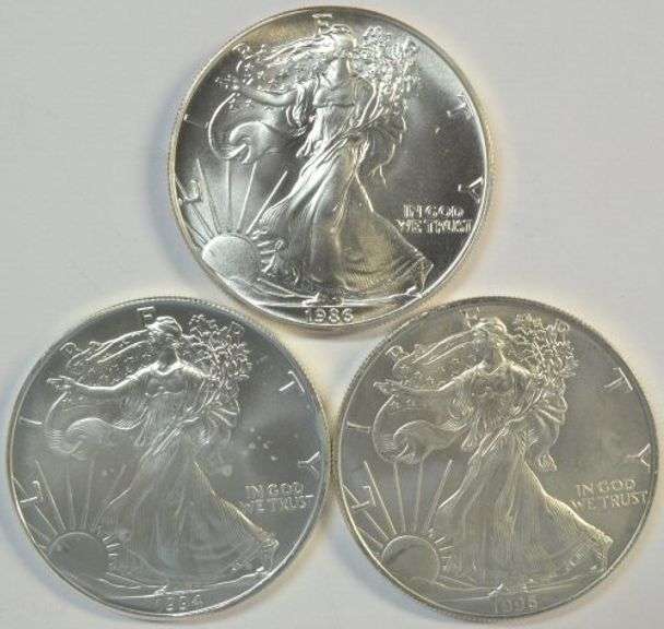 3 Rare Key date Gem BU $1 American Silver Eagles 1986, 1994, & 1996