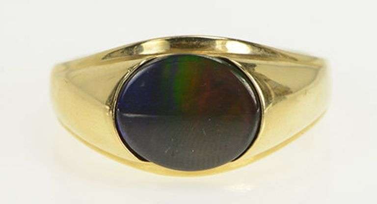 14K Yellow Gold Oval Ammolite Triplet Vintage Men's Retro Ring