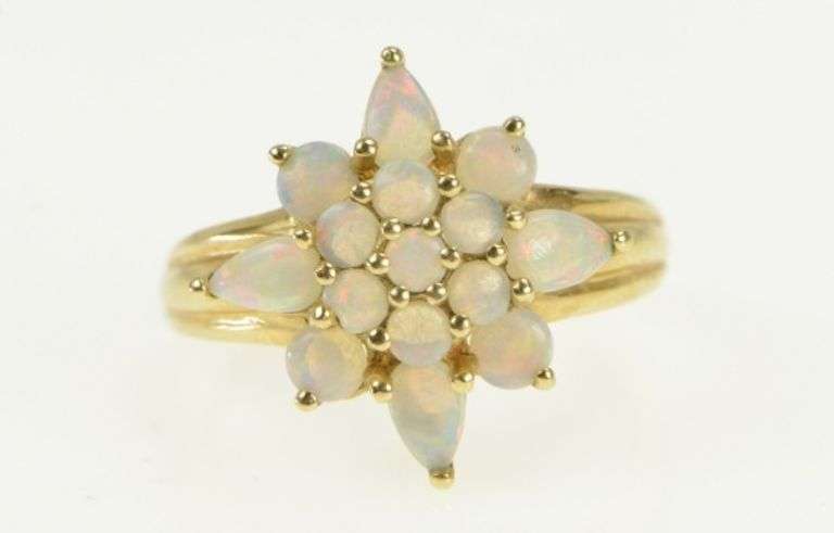 10K Yellow Gold Vintage Natural Opal Squared Cluster Vintage Ring