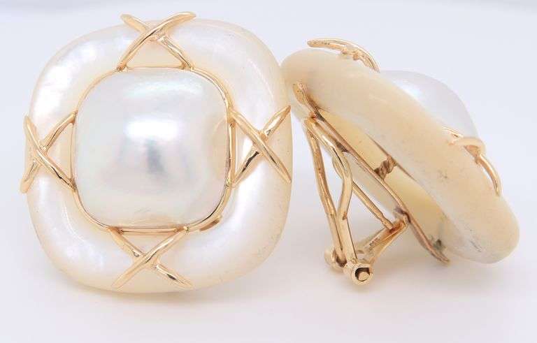 Wonderful Yellow Gold Mabe Pearl and Gold Earclip Earrings