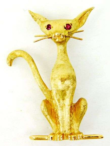 Exceptional Vintage 14K Cat Pin with Topaz Eyes