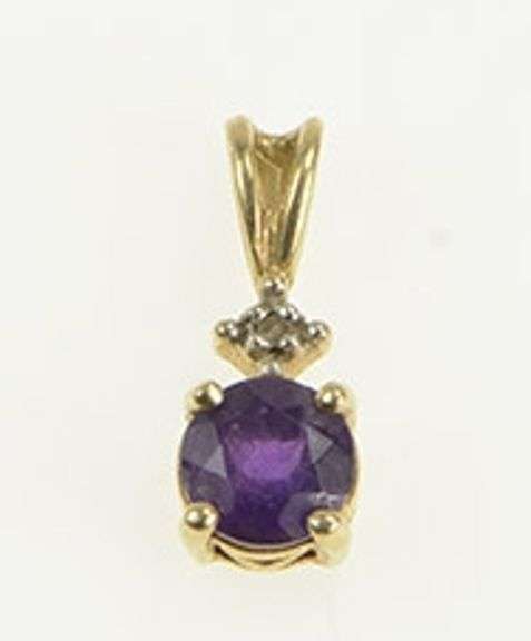 10K Yellow Gold Round Amethyst Diamond Accent Vintage Pendant