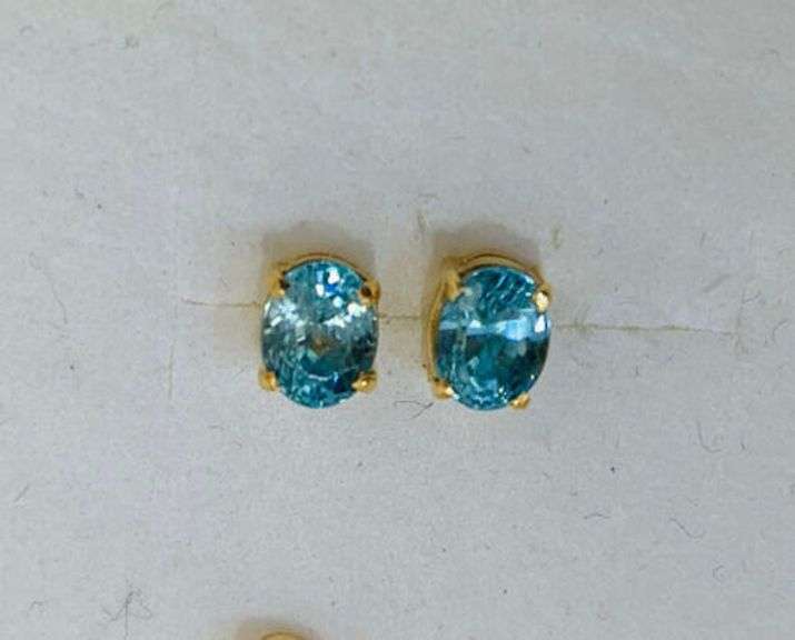 14KT SOLID YELLOW GOLD & BLUE ZIRCON STUD EARRINGS
