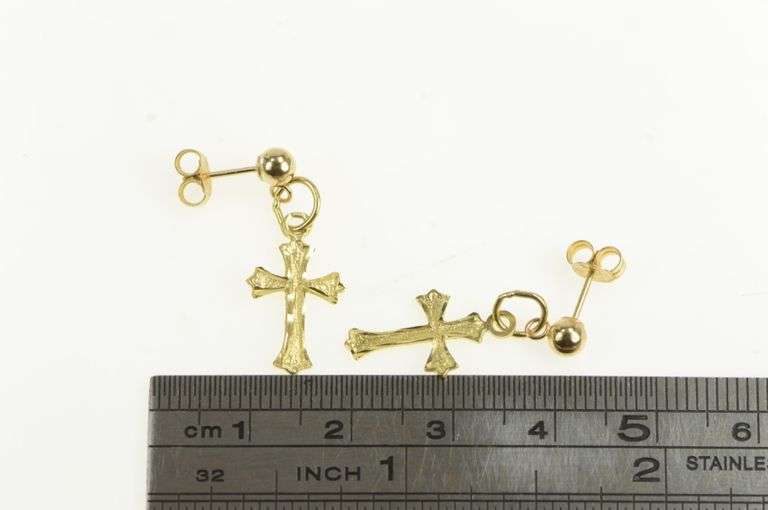 14K Yellow Gold Diamond Cut Cross Faith Symbol Earrings