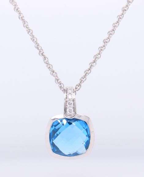 Charming White Gold Blue Topaz and Diamond Pendant on Rope Chain