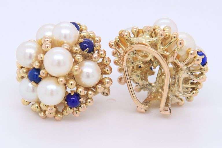 Wonderful Yellow Gold Pearl and Lapis Cluster Earrings