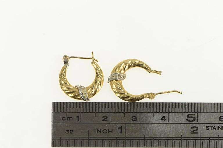 14K Yellow Gold Diamond Accent Vintage Puffy Twist Hoop Earrings