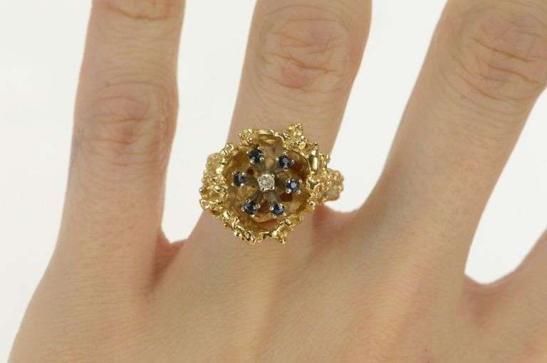14K Yellow Gold Diamond Sapphire Textured Abstract Cluster Ring